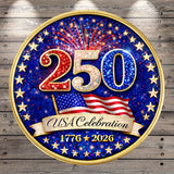 The image is a circular logo celebrating the 50th anniversary of the United States of America. It features a fireworks display, an American flag, and the text "USA Celebration 1776 2026".