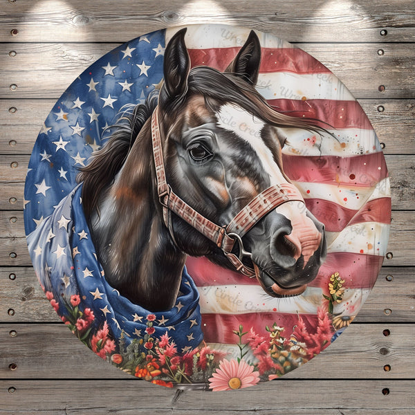 Patriotic Horse, American Flag, Whimsical, Summer, Round, Light Weight, Wreath Sign, Metal, No Holes In Sign