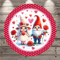 Valentine, Gnome Couple, Floating Hearts, Roses, Round, Light Weight, Metal Wreath Sign, No Holes, UV Coated
