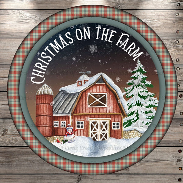 Christmas On The Farm, Red Barn, Snowmen, Plaid, Round, Light Weight, Metal Wreath Sign, No Holes