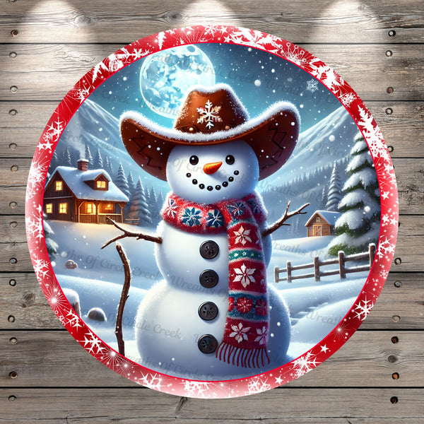 Cowboy Snowman, Round, Light Weight, Metal, Wreath Sign, No Holes In Sign