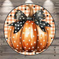 Polka Dot Pumpkin, Black Bow, Welcome, Fall, Autumn, Round, Light Weight, Metal, Wreath Sign, No Holes In Sign