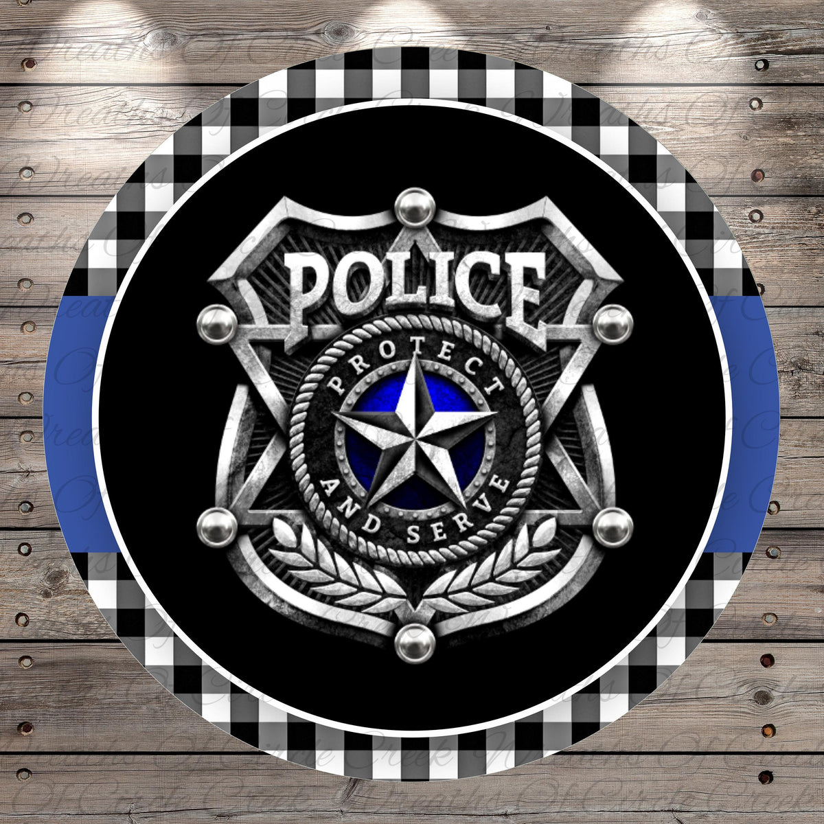 a police badge with the word "POLICE" prominently displayed.