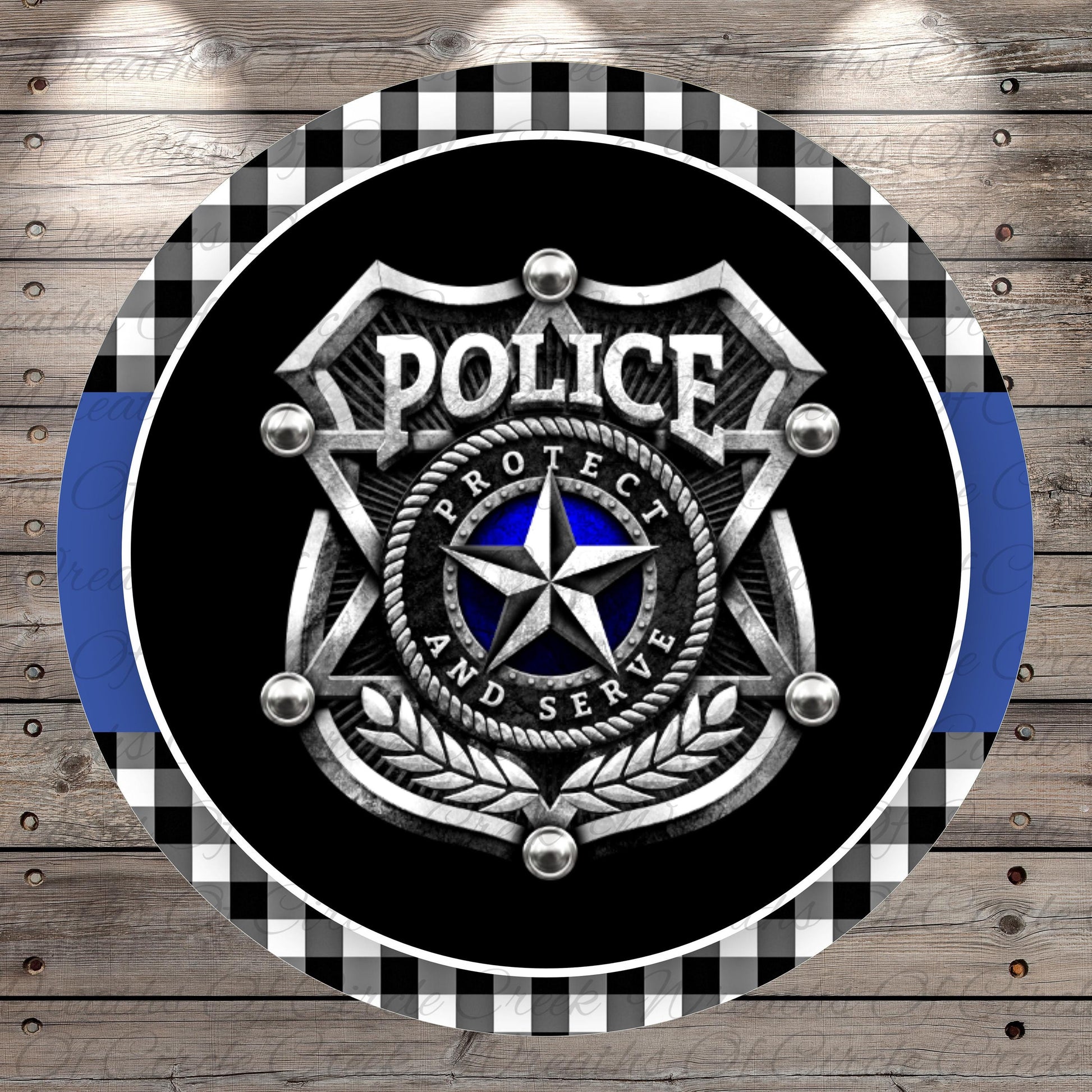 a police badge with the word "POLICE" prominently displayed.