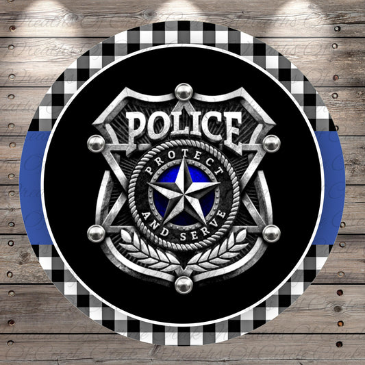 a police badge with the word "POLICE" prominently displayed.