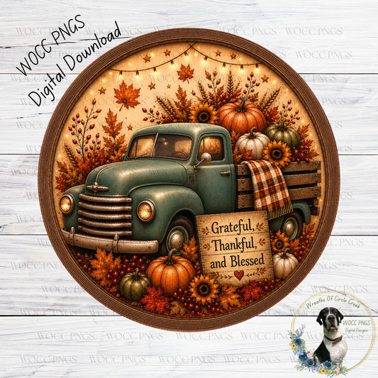 A vintage green truck is surrounded by autumn decorations, including pumpkins, sunflowers, and leaves, with a sign that reads "Grateful, Thankful and Blessed".