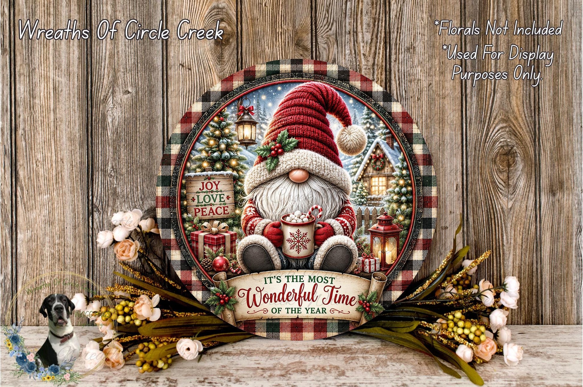 A festive holiday scene featuring a gnome figure surrounded by holiday decorations, including a wreath, flowers, and a lantern. The gnome is wearing a red hat and holding a cup, and the overall scene conveys a sense of joy and peace.