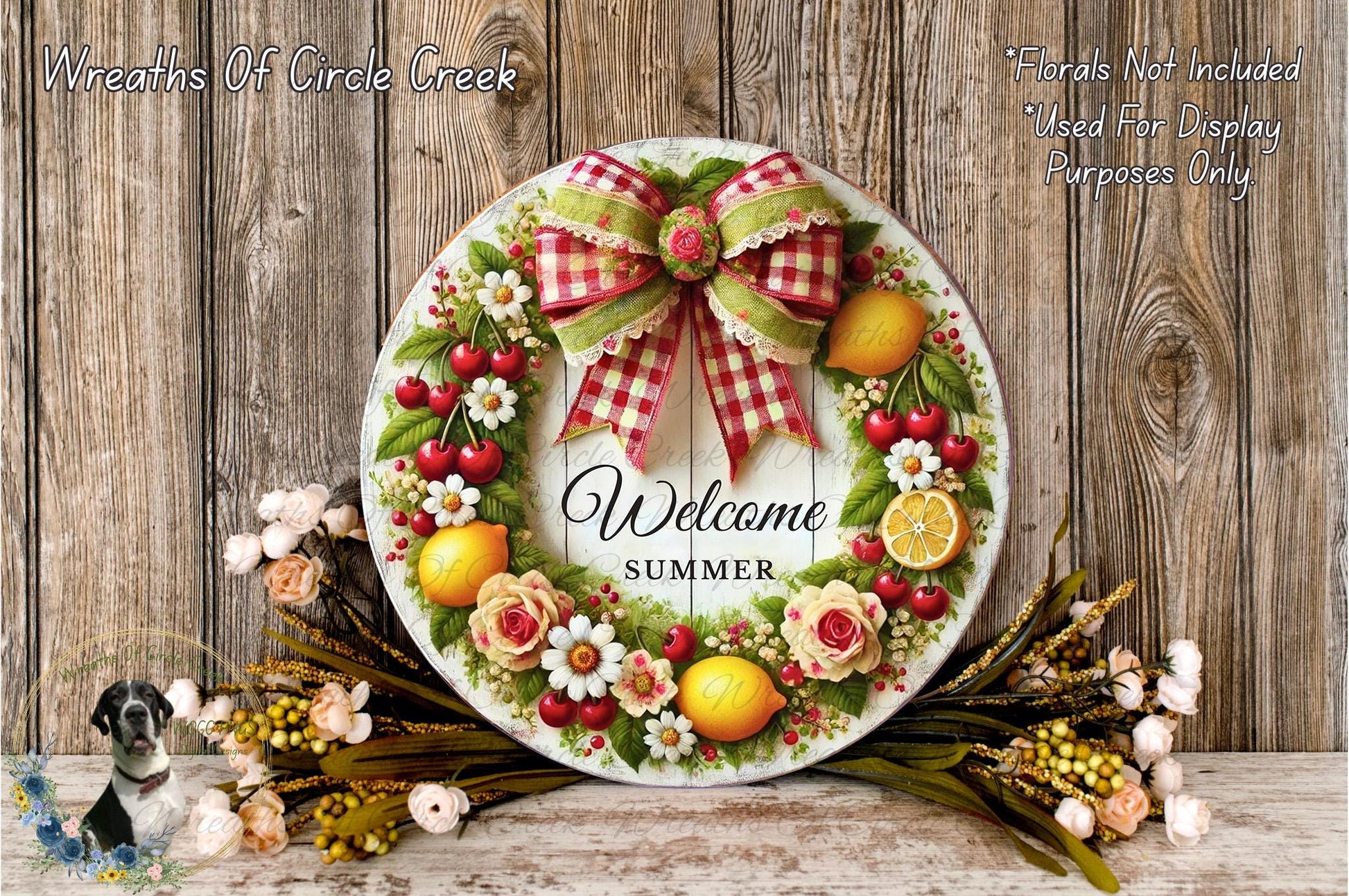 a welcome sign with a wreath of fruit and flowers