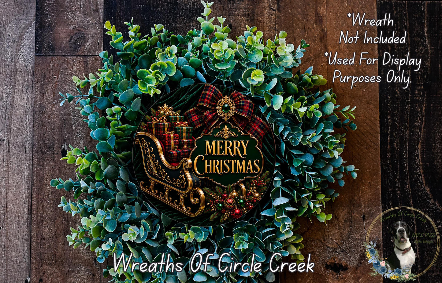 A festive Christmas wreath made of evergreen branches and a decorative sled with presents, with the text "Merry Christmas" displayed on it.