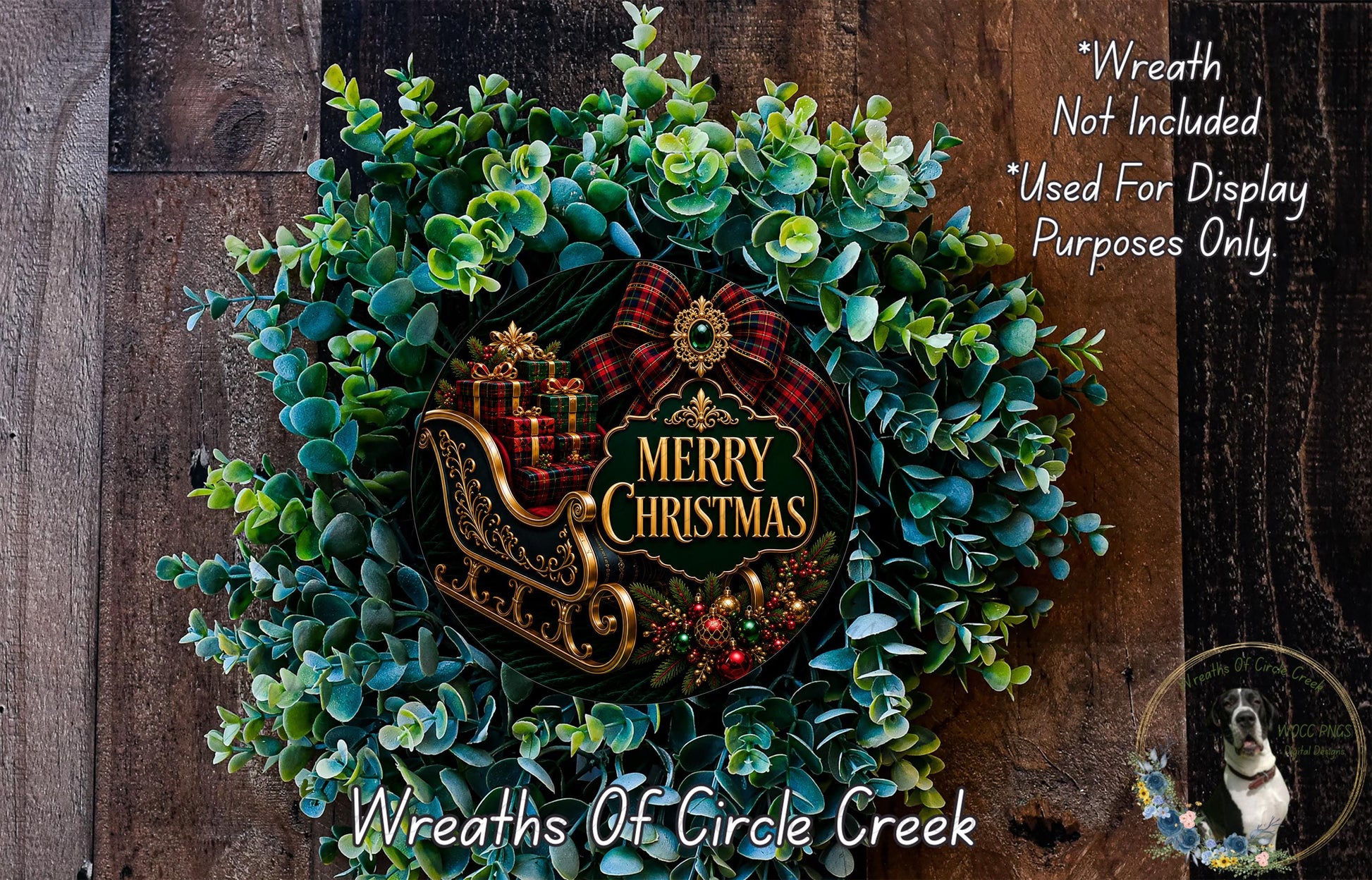 A festive Christmas wreath made of evergreen branches and a decorative sled with presents, with the text "Merry Christmas" displayed on it.