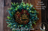 A festive Christmas wreath made of evergreen branches and a decorative sled with presents, with the text "Merry Christmas" displayed on it.