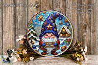 A decorative Christmas wreath with a gnome and winter landscape, surrounded by flowers and greenery.
