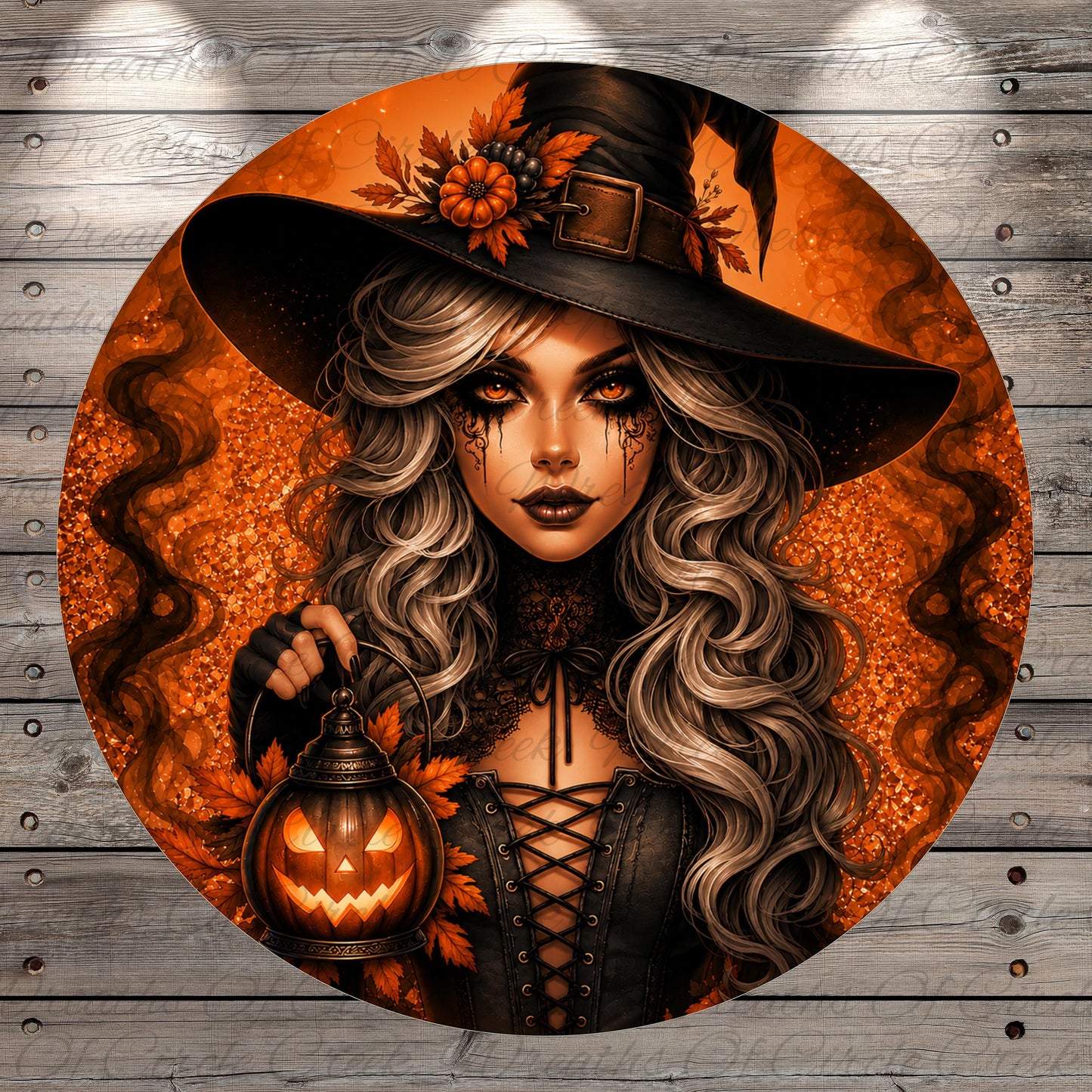 A digital illustration of a woman with long, wavy hair wearing a witch's hat and holding a carved jack-o-lantern. She has dramatic makeup and is dressed in a dark, ornate costume. The background is a warm, orange color with a glittery effect, creating a festive and spooky atmosphere.