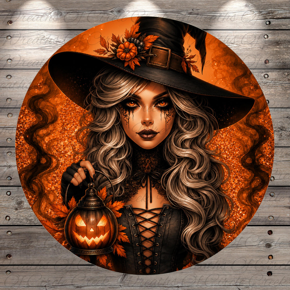 A digital illustration of a woman with long, wavy hair wearing a witch's hat and holding a carved jack-o-lantern. She has dramatic makeup and is dressed in a dark, ornate costume. The background is a warm, orange color with a glittery effect, creating a festive and spooky atmosphere.