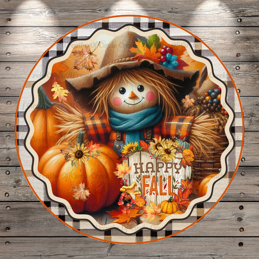 Scarecrow, Fall Foliage, Happy Fall, Plaid,Round, Light Weight, Metal, Wreath Sign, No Holes In Sign