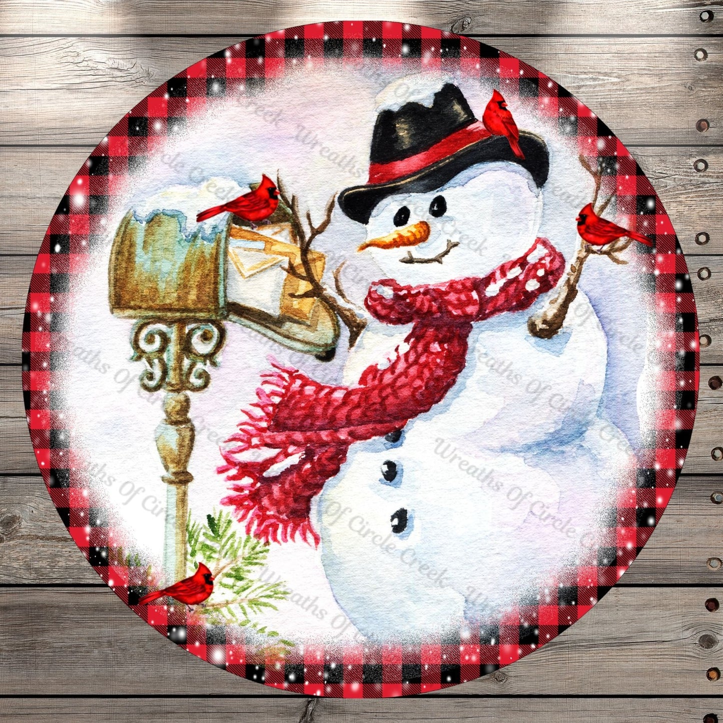 Snowman With Cardinals, Winter Scene, Plaid Border, Round Metal, Wreath Sign, No Holes