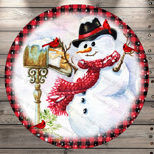 Snowman With Cardinals, Winter Scene, Plaid Border, Round Metal, Wreath Sign, No Holes