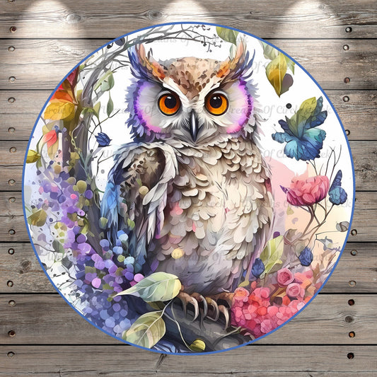 Whimsical Owl, With Florals, Round, Light Weight Metal, Wreath Sign, No Holes In Sign