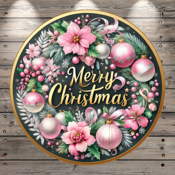 Merry Christmas, Pink, Gold, Ornaments, Pink Poinsettias, Round, Light Weight, Metal Wreath Sign, No Holes