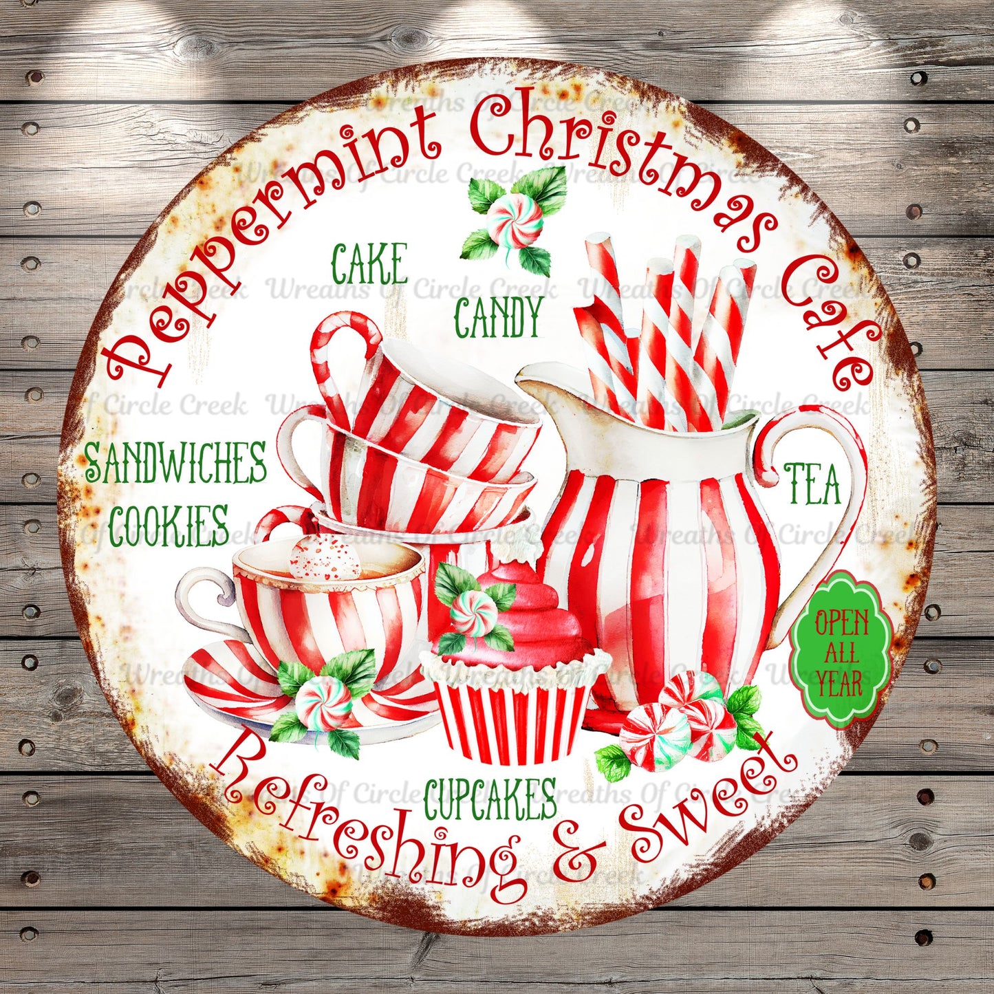 Peppermint Christmas Cafe, Rustic, Round, Light Weight, Metal, Wreath Sign, No Holes In Sign