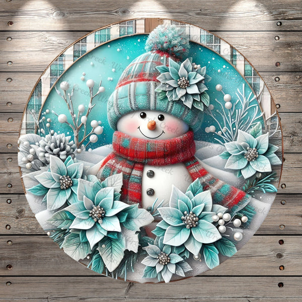 Snowman, Turquoise, Poinsettias, Faux 3D, Winter, Round, Light Weight, Metal, Wreath Sign, No Holes In Sign