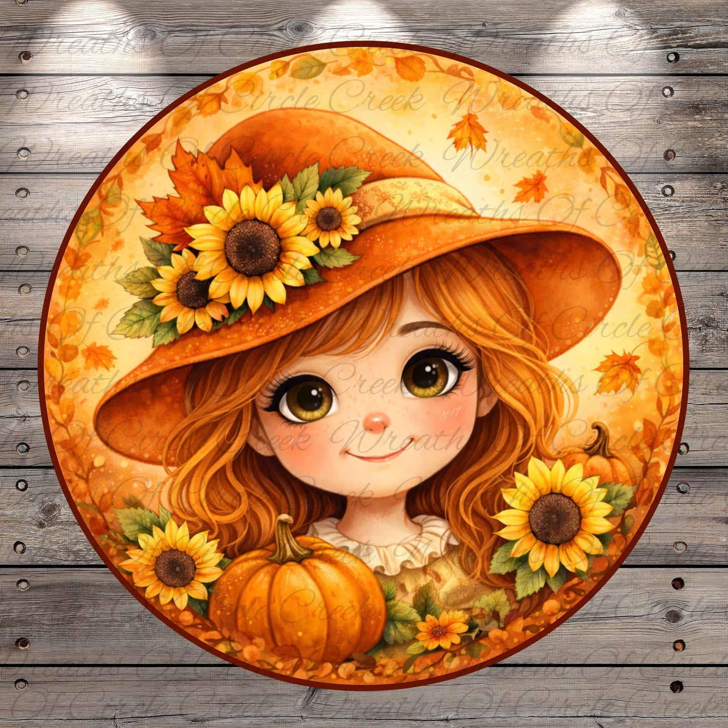 A young girl with long, curly hair is wearing a large, orange hat decorated with sunflowers and surrounded by pumpkins and autumn leaves.