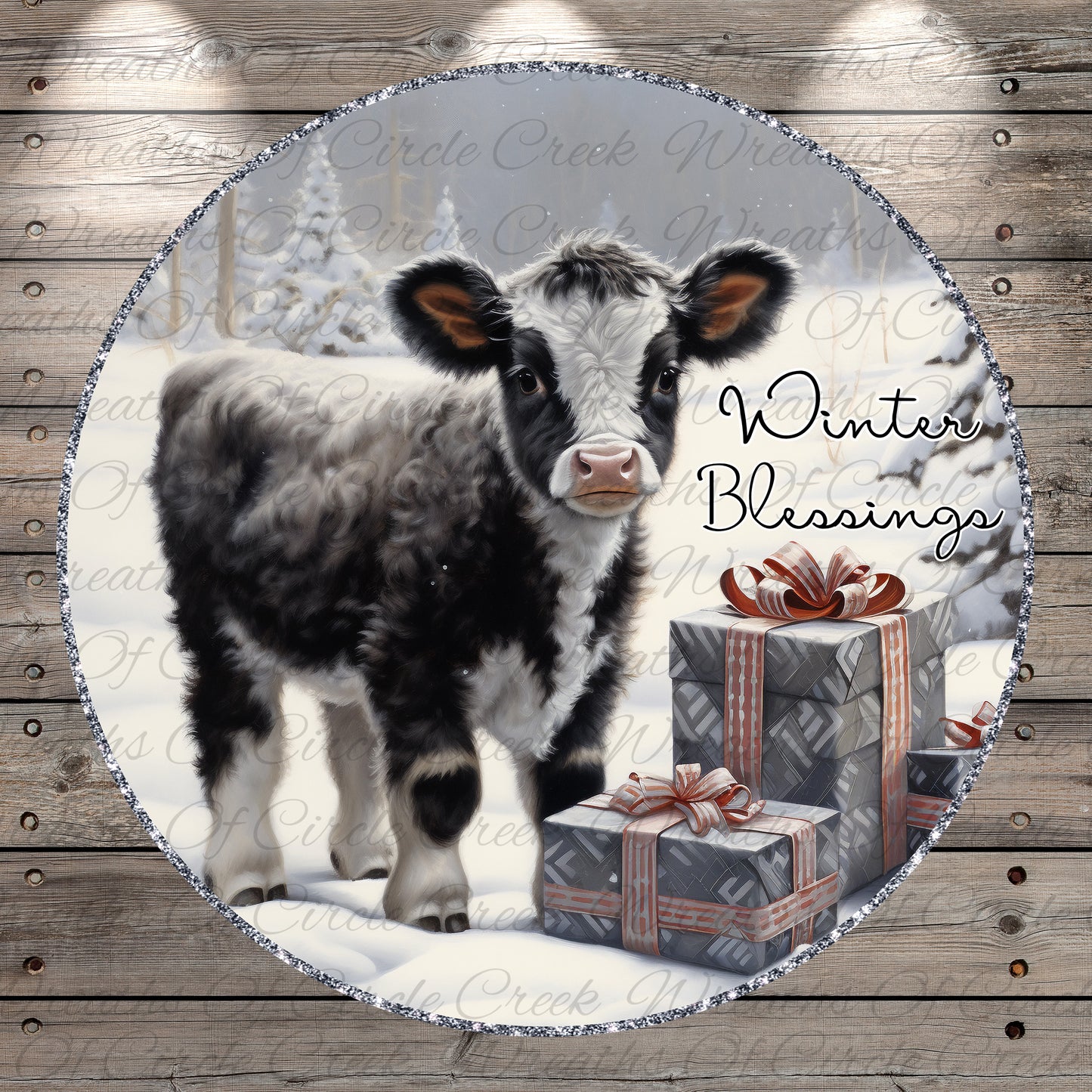 Winter Blessings Calf | Lightweight Round Metal Wreath Sign | No Holes in Sign | Farmhouse Christmas Decor