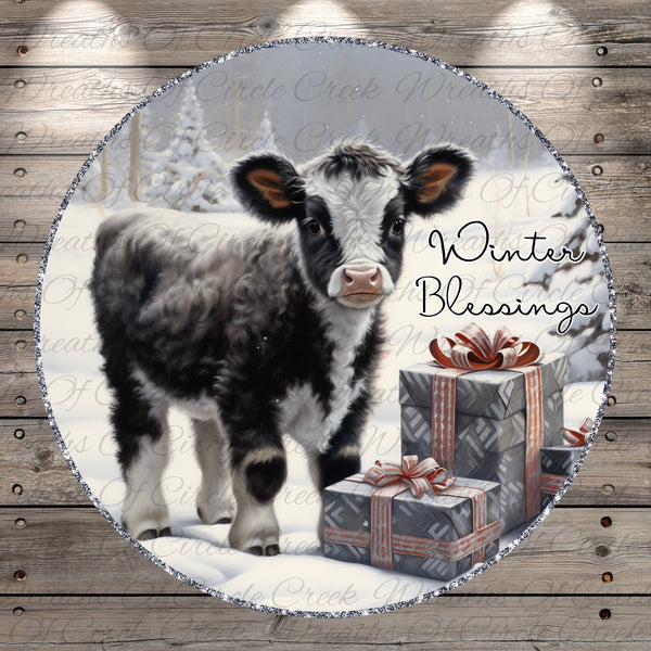 Winter Blessings Calf | Lightweight Round Metal Wreath Sign | No Holes in Sign | Farmhouse Christmas Decor