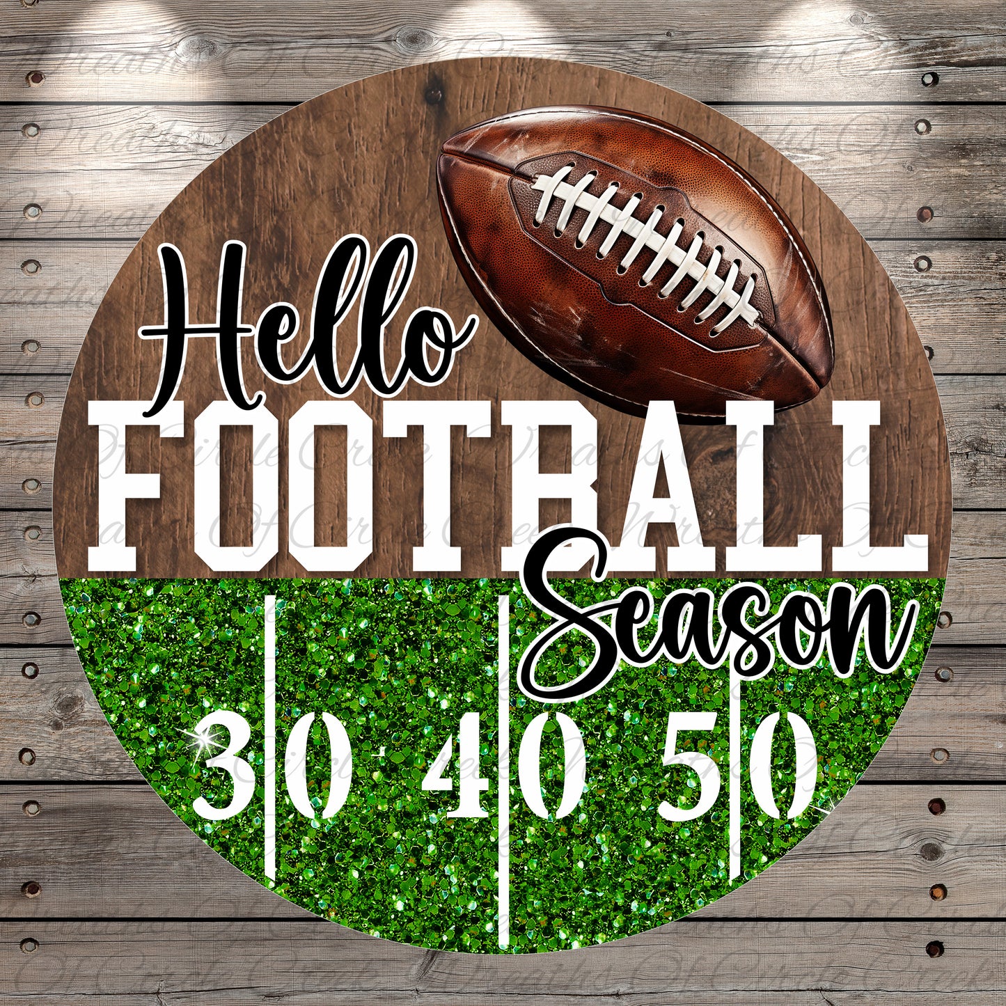Hello Football Season Sign | Lightweight Round Metal Wreath Sign | No Holes in Sign | Glitter Football Field Decor