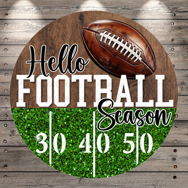 Hello Football Season Sign | Lightweight Round Metal Wreath Sign | No Holes in Sign | Glitter Football Field Decor