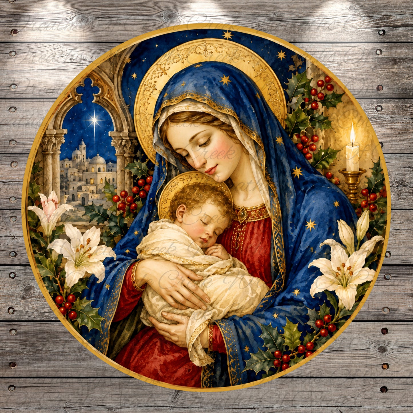 Mother Mary and Baby Jesus with Christmas Lilies Round Aluminum Metal Wreath Sign (Lightweight, No Holes)