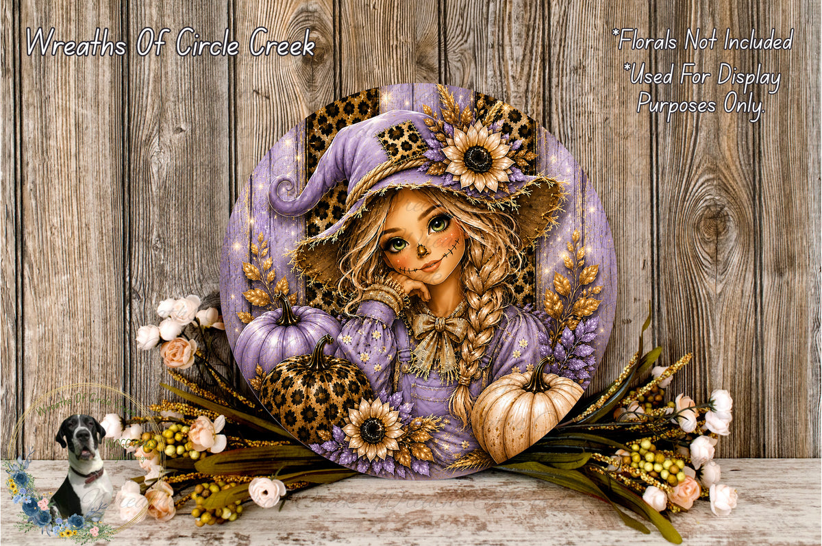 Purple Scarecrow Girl Round Aluminum Metal Wreath Sign, Leopard Pumpkins, Sunflower Fall Decor, Autumn Harvest, (Lightweight, No Holes)