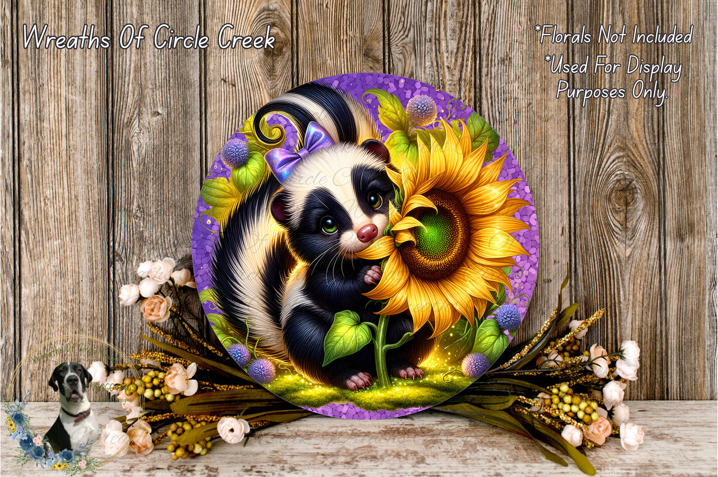 Cute Skunk Sunflower Purple Aluminum Metal Wreath Sign (Lightweight, No Holes)