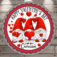 Happy Valentine's Day, Gnomies, Red, White, Round Metal Wreath Sign, No Holes