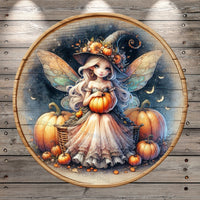 Mystical Fairy, Woodland, Fall, Halloween, Pumpkins, Round UV Coated, Metal, Light Weight, Wreath Sign, No Holes In Sign