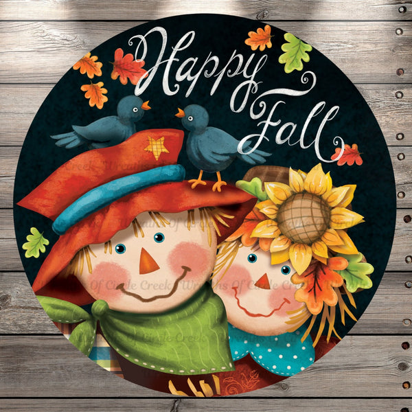 Happy Fall, Scarecrows, Couple, Round UV Coated, Metal Sign, No Holes