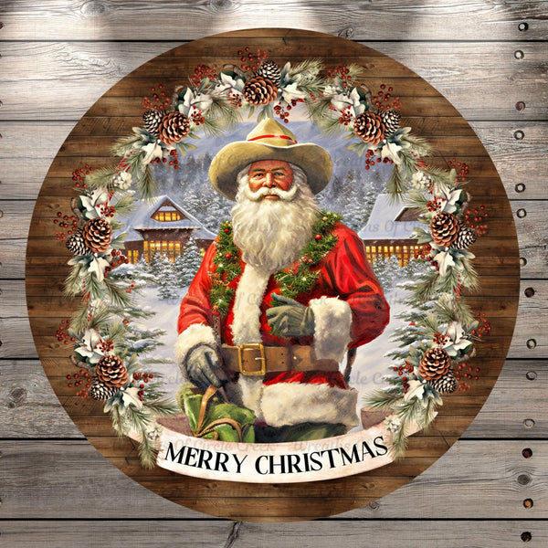 Merry Christmas, Western Santa, Round, Light Weight, Metal Wreath Sign, No Holes