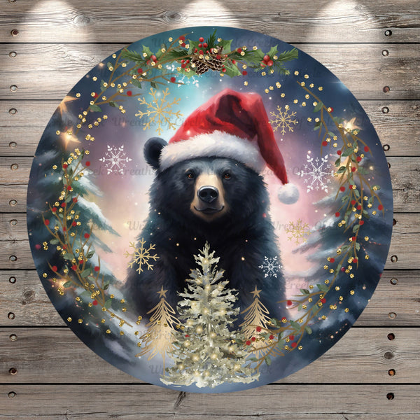 Christmas Black Bear, Christmas In The Smokies, Round, Light Weight, Metal Wreath Sign, No Holes In Sign