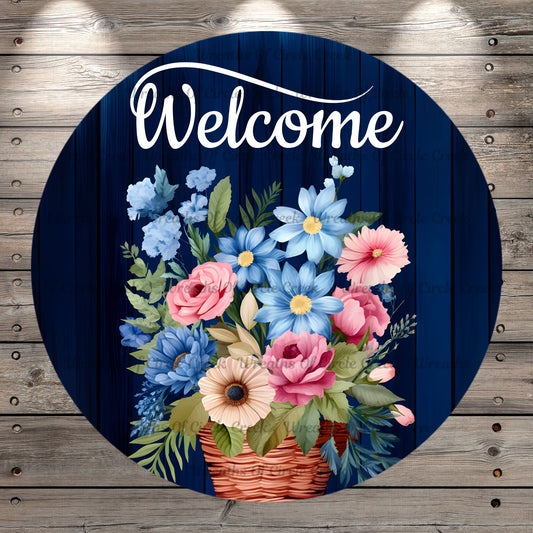 Welcome, Blue, Florals, Spring, Farmhouse, Light Weight, Metal Wreath Sign, With No Holes