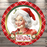 Mrs. Clause, Mery Christmas, Plaid Border, Gold, Round, Light Weight, Metal Wreath Sign, No Holes