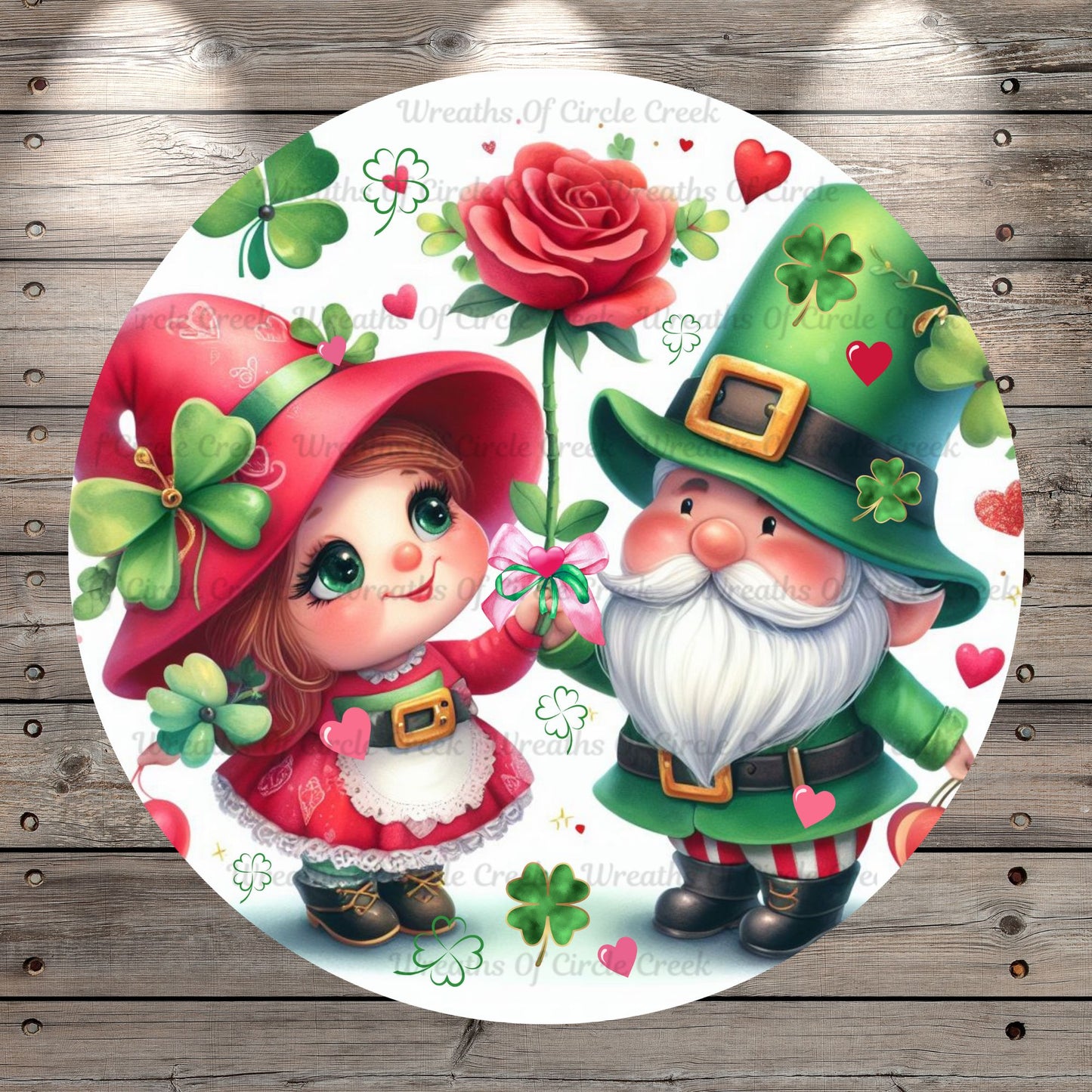 Cute Valentines and St. Patrick’s, Couple, Welcome, Roses, Floating Hearts, Shamrocks, Round, Light Weight, Metal Wreath Sign, No Holes, UV Coated