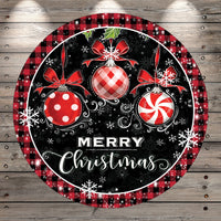 Christmas Ornaments, Merry Christmas, Black and Red Plaid, Wreath Sign, No Holes, Round UV Coated, Metal