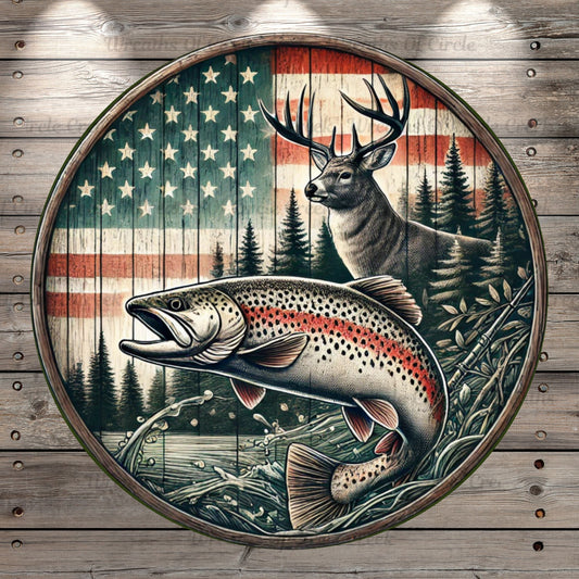 USA Deer Trout Design | Fishing, Hunting, Outdoor Decor | Lightweight Round Metal Wreath Sign | No Holes in Sign