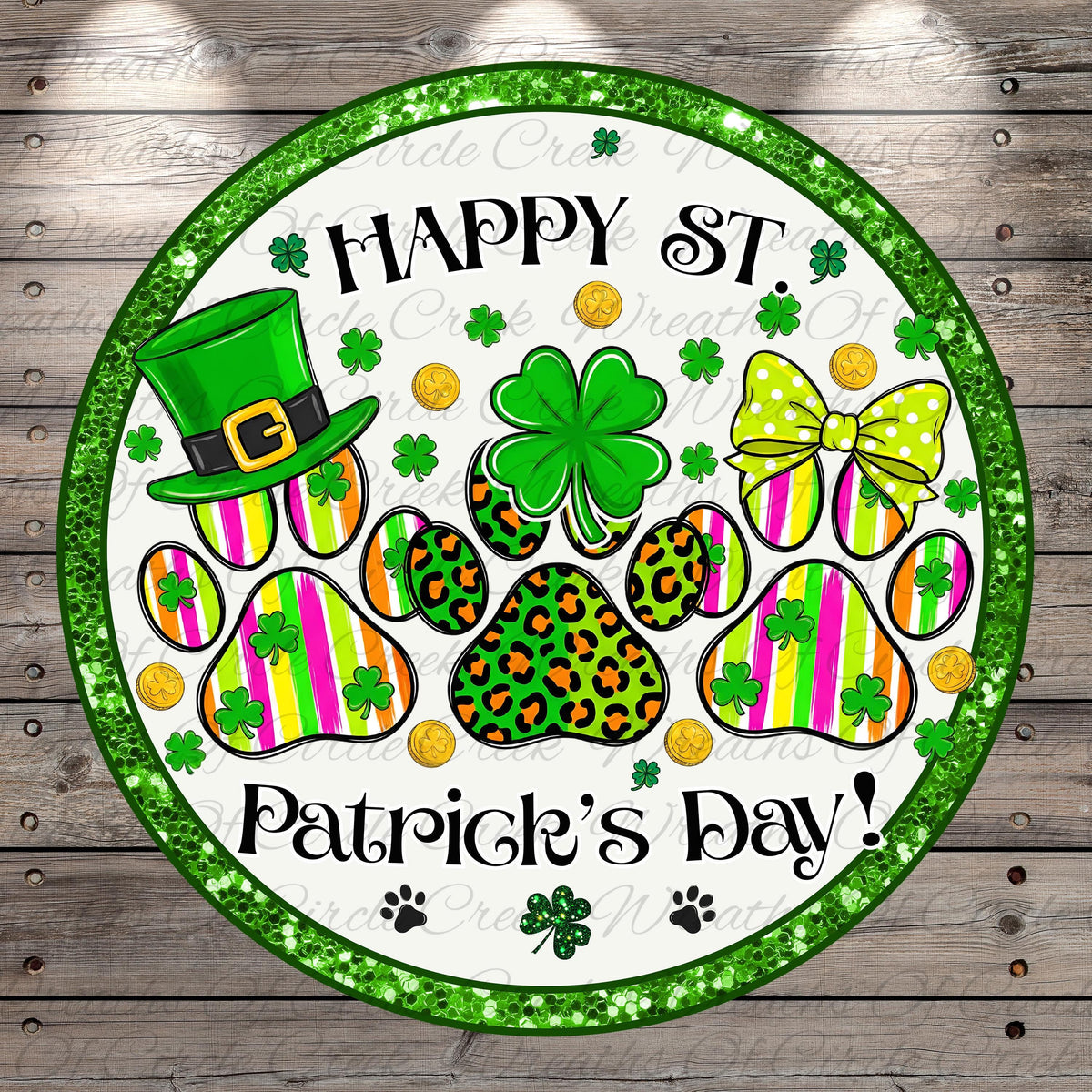 A circular design with a green border, featuring a leopard print paw print, a cloverleaf, a green hat, and a bow, surrounded by various St. Patrick's Day-themed elements such as shamrocks, gold coins, and a rainbow.