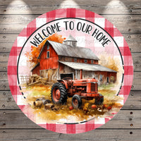 A red tractor is depicted in front of a rustic barn, with a "Welcome to our Home" sign above it, set against a backdrop of a wooden fence and a field.