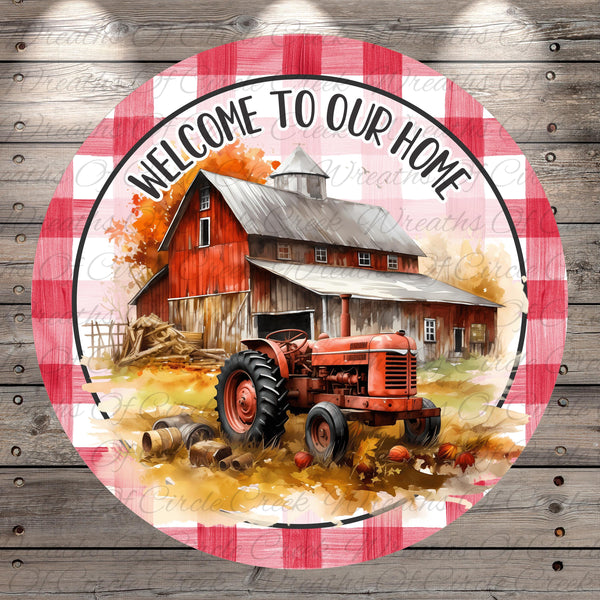 A red tractor is depicted in front of a rustic barn, with a "Welcome to our Home" sign above it, set against a backdrop of a wooden fence and a field.