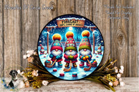 A round, decorative plate featuring three gnomes dressed in colorful winter hats and holding hockey sticks, set against a snowy, wintry landscape with a full moon in the sky.
