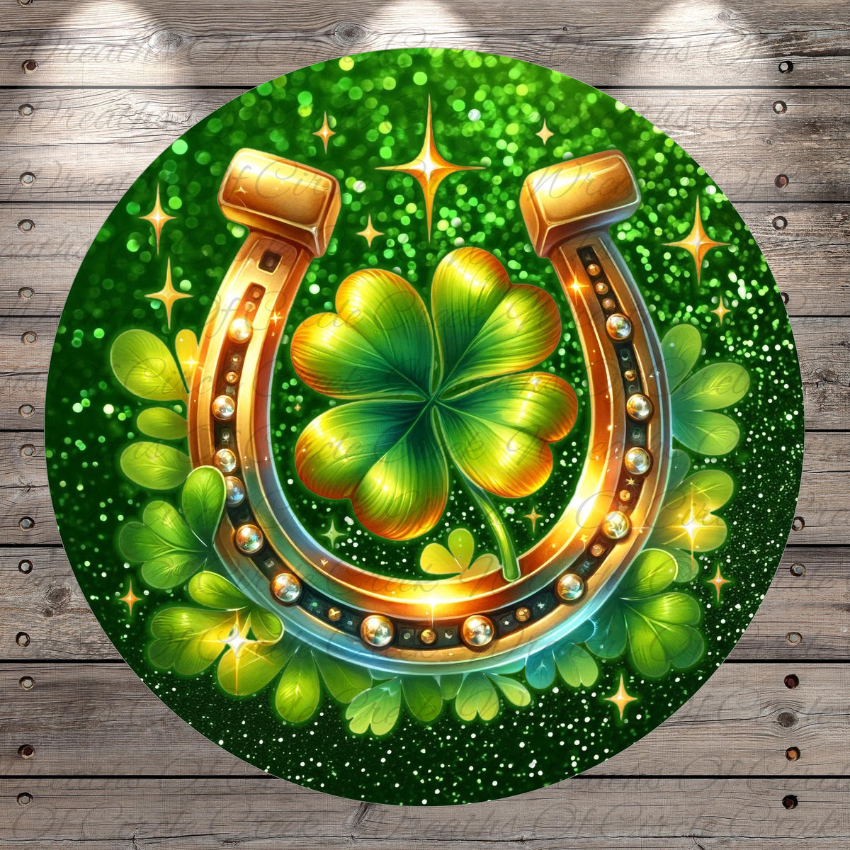 A horseshoe with a four-leaf clover on top, surrounded by green leaves and sparkling lights, all set against a green background.