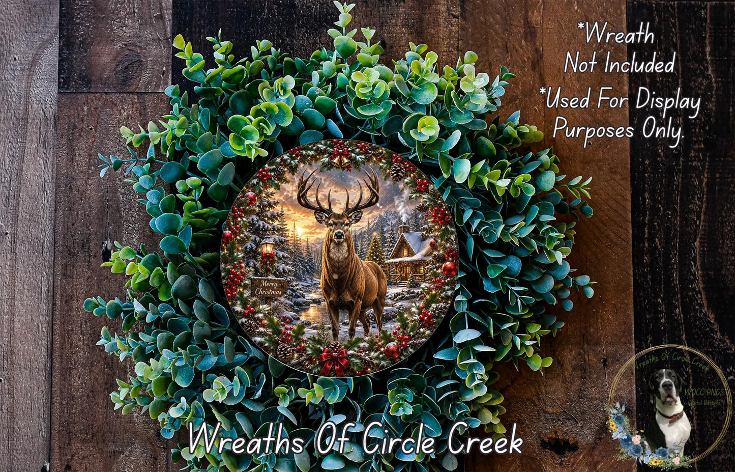 A wreath featuring a deer surrounded by greenery and berries, with a snowy landscape in the background.