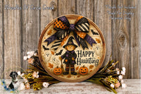 a wooden plate with a happy halloween decoration on it